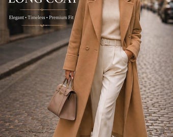Langer Mantel aus Kamelwolle für Frauen, Eleganter Wintermantel, Zweireihiger Mantel, Maßgeschneiderter Büromantel, Minimalistischer Luxusmantel
