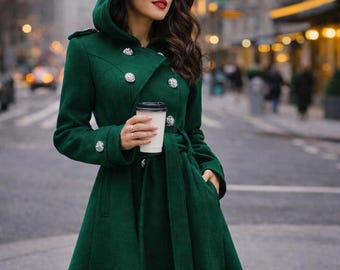 Emerald Grün Wollmantel Frauen Langer Kapuzenmantel Luxus Wintermantel Lange Trenchcoat Zweireiher Eleganter Warmer Mantel Frauen