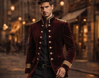 Burgunder Samt Militärmantel Männer, königliche Hochzeit Blazer Bräutigam Jacke, kastanienbraune Goldknopf Anzug, Luxus Slim Fit formeller Mantel