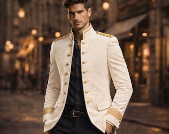 Creme Samt Militärmantel Herren, königliche Hochzeit Blazer Bräutigam Jacke, Creme Goldknopf Anzug, Luxus Slim Fit Mantelmantel Prince Style Herrenbekleidung
