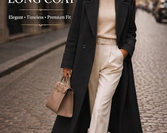 Schwarzer langer Wollmantel Frauen, eleganter Wintermantel, zweireihiger Mantel, maßgeschneiderter Büromantel, formeller langer Mantel, minimalistischer Luxusmantel