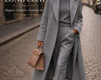 Grauer langer Wollmantel für Frauen, minimalistischer Luxusmantel, maßgeschneiderter Wintermantel, eleganter neutraler Graben, moderne schicke Oberbekleidung