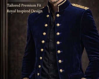 Marineblauer Samt-Militärblanko Herren, königliche Goldknopfmantel-Bräutigamjacke, Luxushochzeitsanzug, Slim Fit-formelle Abendjacke Herrenbekleidung