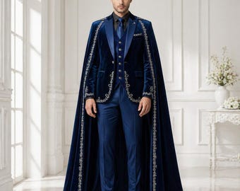 Herren Royal Blue Samt Umhang Anzug, Luxus-Bräutigam-Hochzeits-Smoking, besticktes formelles Outfit, marineblauer 3-teiliger Anzug, Abschlussball-Anzug, Designer-Herrenbekleidung