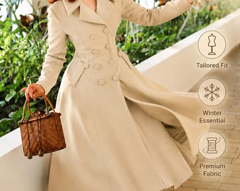 Damen Beige Langer Wintermantel, Eleganter Zweireihiger Maxi Mantel, Vintage Inspirierter Maßgeschneiderter Mantel
