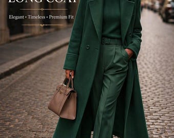 Luxus smaragdgrüne Wolle langer Mantel Frauen, eleganter Wintermantel, maßgeschneiderter Trenchcoat, Premium Wollmischung Mantel, formelle Winterjacke