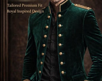Smaragdgrüner Samt-Militärmantel für Männer, königliche Hochzeits-Blazer-Bräutigam-Jacke, Luxus-Goldknopfanzug, maßgeschneiderte Slim Fit-formelle Partykleidung