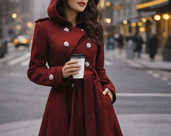 Frauen Roter Wollmantel Langer Kapuzenmantel Wintermantel Eleganter Trenchcoat Mantel mit Gürtel Zweireihiger Mantel Luxus Winterjacke Warme Oberbekleidung