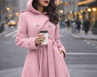 Rosa Wollmantel Frauen Lang Kapuzenmantel Wintermantel Gürtel Trenchcoat Zweireihiger Mantel Elegante Langer Mantel Warme Winterjacke Frauen