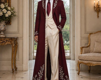 Luxuriöser burgunder- und elfenbeinfarbener 4-teiliger Herrenhochzeitsanzug, gestickter Sherwani-Stil-Bräutigam-Outfit, formeller Anzug mit Weste-Krawattenhose