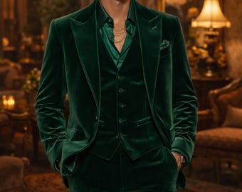 Smaragdgrüner Samtanzug für Männer, 3-teiliges Samtanzugset, Hosen-Blazer-Set mit weitem Bein, Bräutigam Hochzeitsanzug, Abschlussball-Outfit, Luxus Herrenanzug