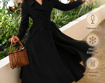 Schwarzer Langer Wintermantel für Damen, Eleganter Zweireihiger Maxi-Mantel, Vintage-inspirierter, maßgeschneiderter Mantel, Alte Geldästhetische Oberbekleidung
