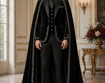 Schwarzer Samt-Umhang-Smoking für Männer, gotischer Luxus-Hochzeitsanzug, bestickte Abendgarderobe, königliches Abschlussball-Outfit, Designer-Statement Herrenanzug