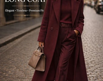 Burgunder langer Wollmantel für Frauen, maßgeschneiderter Luxusmantel, eleganter Wintermantel, strukturierter Premium-Graben, schicke formelle Oberbekleidung