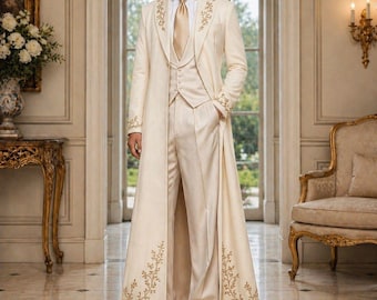 Luxus-Elfenbein 4-teiliger Herren Hochzeitsanzug, gestickter Sherwani Stil Bräutigam Outfit, cremefarbener formeller Anzug mit langer Mantelweste Krawattenhose