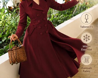 Burgunder langer Wintermantel für Damen, eleganter zweireihiger Maximantel, Vintage-inspirierter maßgeschneiderter Mantel