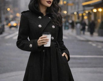 Frauen Schwarz Wollmantel Langer Kapuzenmantel Eleganter Wintermantel Trenchcoat mit Gürtel Zweireihiger Mantel Luxus Langer Mantel Warme Winterjacke Frauen