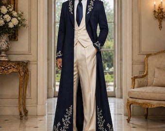 Luxuriöser 4-teiliger Herrenhochzeitsanzug in Navy und Elfenbein, gestickter Sherwani-Stil-Bräutigam-Outfit, formeller Anzug mit Weste-Krawatten-Hose