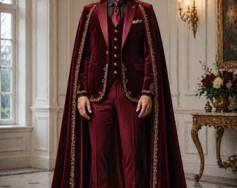 Weinroter Samt-Umhang für Männer, königliches Hochzeits-Bräutigam-Outfit, bestickter Luxus-Smoking, roter formeller Abschlussball-Anzug, Statement-Designer-Herrenbekleidung