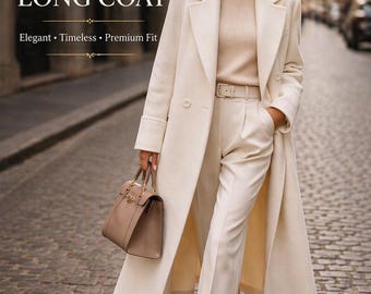 Langer Wollmantel Frauen, Eleganter Wintermantel, Zweireihiger Mantel, Maßgeschneiderter Büromantel, Minimalistischer Luxusmantel, Warme Wolloberbekleidung