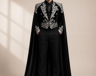 Schwarzer bestickter Herren-Samt-Umhanganzug, Luxus-Bräutigam-Hochzeits-Smoking, königliches formelles Outfit, Designer-3-Teiler, gotischer Abschlussball-Anzug