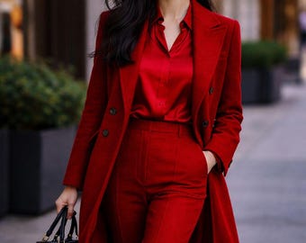 Conjunto de abrigo largo de lana roja para mujer, elegante atuendo de 3 piezas, blazer formal con blusa y pantalón, traje de lujo para la oficina en invierno.