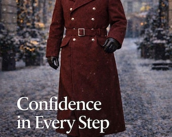 Herren Burgunder Wollmantel Lang, Zweireihiger Militärmantel mit Gürtel, Kastanienbrauner Wintermantel Herren, formeller klassischer langer Mantel