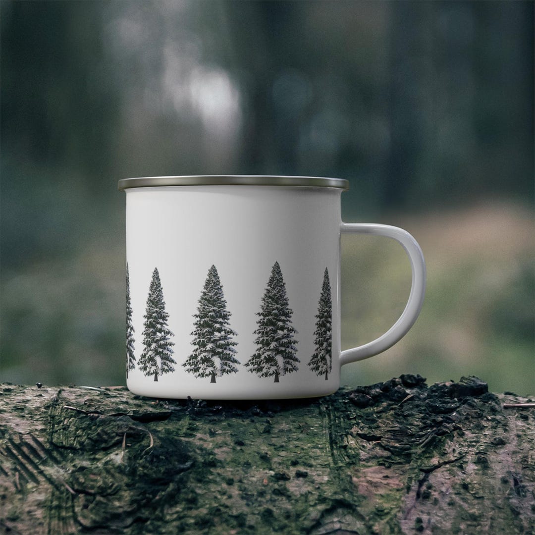 Snowy Pine Tree Enamel Camping Mug | Winter Pines Pattern - Etsy