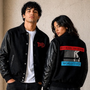 Michael Jackson BAD World Tour Jacket, MJ Thriller Bomber Jacket, Retro 80s Black Varsity Jacket Men Women, King of Pop Costume