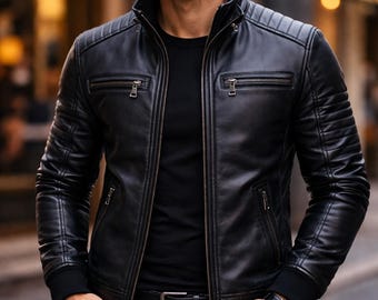 Echt leren bikerjack heren – slim fit, klassiek zwart