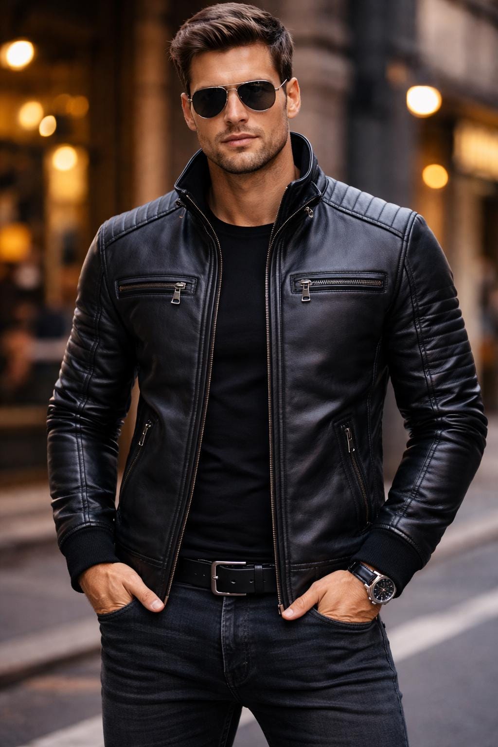 Men's Genuine Leather Biker Jacket – Slim Fit, Classic Black - Etsy