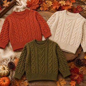 May include: Three long-sleeve sweaters in rust orange, cream, and olive green. Each sweater features a crew neckline, ribbed cuffs and hem, and a vertical cable knit pattern across the front and sleeves, constructed with a thick, textured knit.