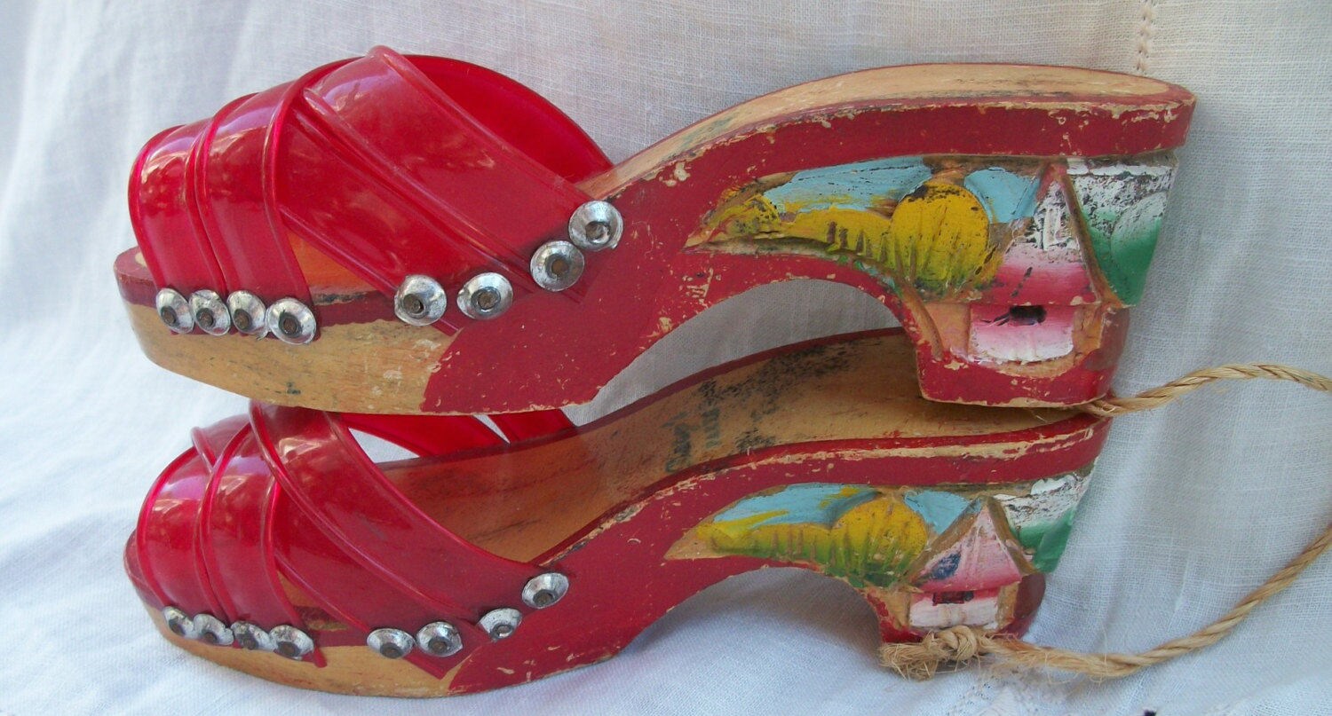 Zapatos tallados en madera de 1940 pintados a mano rojos | Etsy