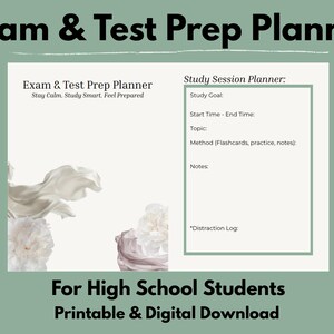 Peut inclure: Un planificateur de préparation aux examens et aux tests sur fond vert. Le planificateur comprend des sections pour les objectifs d'étude, les heures de début et de fin, les sujets, les méthodes et les notes. Le texte indique "Exam & Test Prep Planner" et "For High School Students".