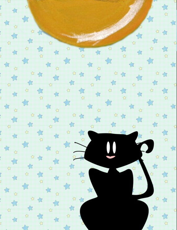 Playful Kitty Cat Stary Night Goodnight Moon Stars Etsy