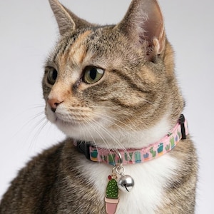 以下が含まれることがあります： ピンク色の猫用首輪で、サボテンの模様が繰り返されています。黒いプラスチック製のバックル、小さな銀色の金属製ベル、そしてピンクの鉢に入った緑色のサボテンの形をしたエナメル製のチャームが付いており、首に装着されています。