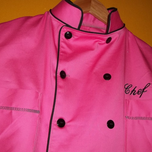 Completely Handmade Pink Heavy Polished Cotton. Custom Designed 6pocket shops Chef Coat,Phase II Pipping, Button and Monogrammed in Black.
