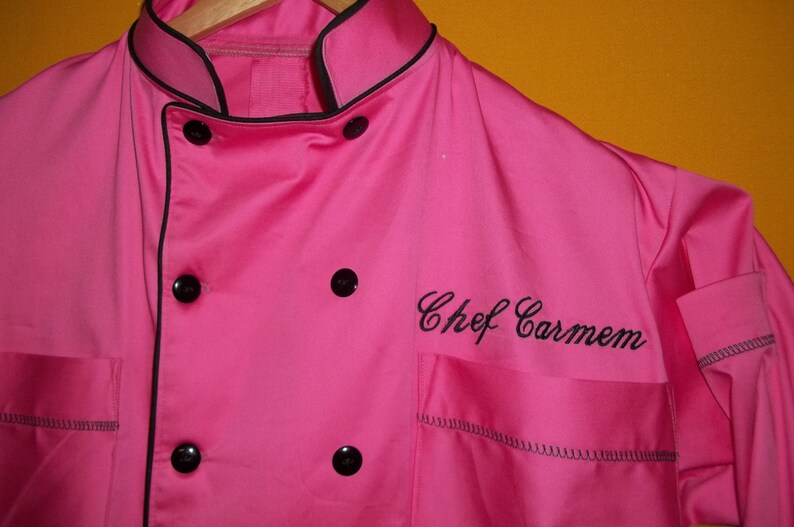 Completely Handmade Pink Heavy Polished Cotton. Custom Designed 6pocket shops Chef Coat,Phase II Pipping, Button and Monogrammed in Black.