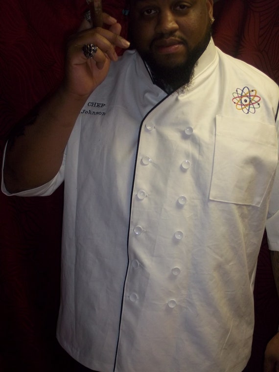 StitchMastersTailors White Vneck Chef Coat Made from Polished Cotton, Pipped in Black, Custom monorgrammed,logo of Your Choice, Elbo Length Sleeves with Pockets