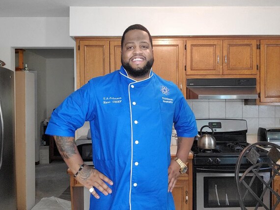 StitchMastersTailors Custom Chef Coats in Royal Electric Blue,Customized in French V Neck, Pipped and Monogrammed in White with Matching Facemask and Bandana