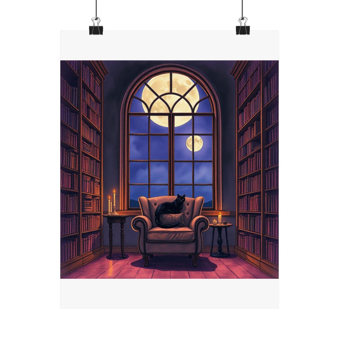 Witchy Book Lover Poster, Dark Academia Reading Nook Print, Black Cat ...
