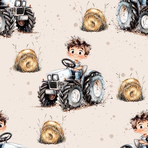 Könnte beinhalten: Ein sich wiederholendes Muster mit Cartoon-Illustrationen eines kleinen Jungen, der einen weißen Traktor fährt. Das Design umfasst Heuballen und Gras, vor einem beigefarbenen Hintergrund mit Aquarell-Spritzern. Der Junge trägt ein gestreiftes Hemd und Jeans.