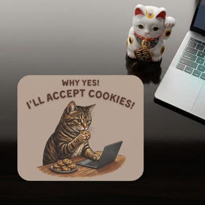 May include: A rectangular mousepad with a cat illustration and the text "WHY YES! I'LL ACCEPT COOKIES!". The cat is brown and tan, eating a cookie while using a laptop. A white lucky cat figurine and a laptop are also visible.