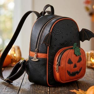 Könnte beinhalten: Ein schwarzer Mini-Rucksack mit strukturierter Oberfläche und geprägten Spinnennetzmustern, zwei kleinen schwarzen Fledermausflügeln an den Seiten und einer Vordertasche in Form eines orangefarbenen Kürbisgesichts mit einem grünen Blatt.