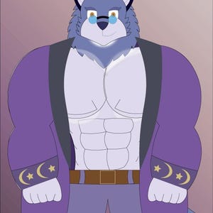 May include: Cartoon illustration of a muscular wolf-like character wearing a purple robe with black trim. The character has blue fur, glasses, and a brown belt. The robe sleeves feature a crescent moon and star design.