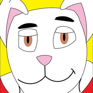 May include: Cartoon illustration of a white rabbit with brown eyes, black eyebrows, and a pink nose and ears. The rabbit is wearing a red superhero-style outfit with a yellow and red emblem on the chest. The background is yellow.