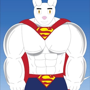 May include: A cartoon illustration of a white rabbit superhero with a red cape and blue trousers. The rabbit has a Superman logo on its chest and waist. The background is a solid blue.