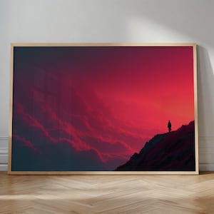 Vaporwave Synthwave Poster, Red Sky Gradient Art Print, Lone Figure Journey Wall Decor, Aesthetic Sci-Fi Art