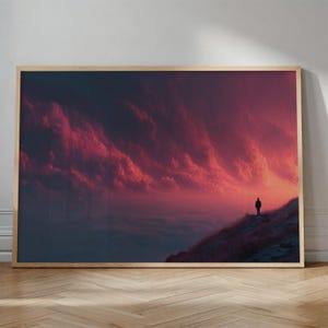 Dramatic Pink Sky Landscape Poster Print, Moody Aesthetic Wall Art, Lone Figure Silhouette, Ethereal Cloudy Sunset/Sunrise Nature Decor