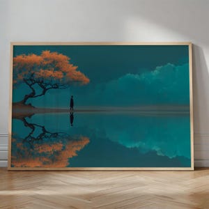 Surreal Lone Figure Orange Tree Reflection Poster | Tranquil Teal Art Print | Moody Dreamscape Wall Decor | Contemplative Fine Art Gift